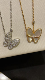 Van Cleef & Arpels White Mother-of-Pearl Diamond Floral Butterfly Necklace-0216